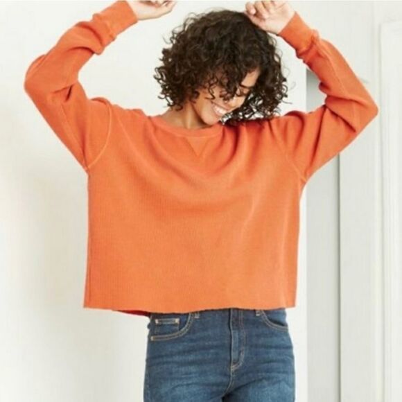Wild Fable Long Sleeve Boxy Waffle Knit Orange Top Large NWT - Picture 1 of 8